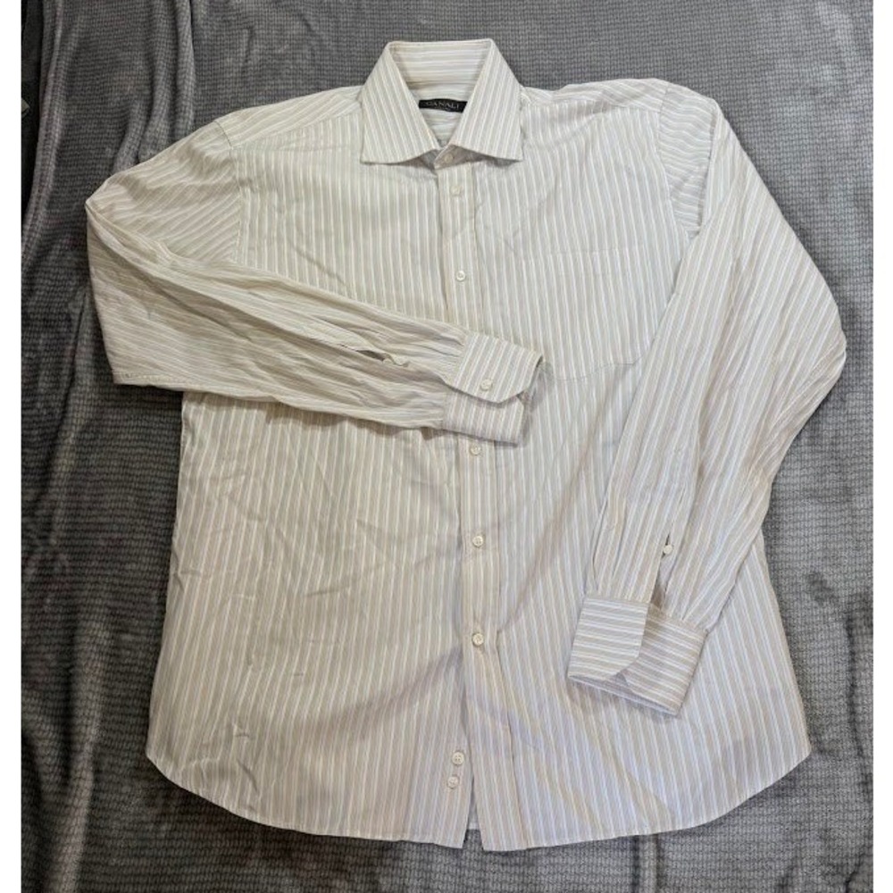 Canali Mens Dress Shirt 42 16.5 Beige Tan Blue Multi Stripe Made in‎ Italy